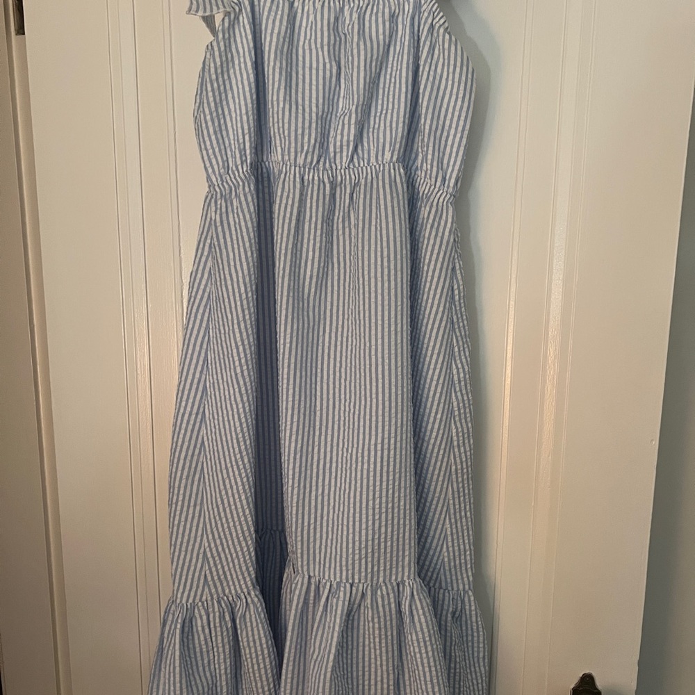 Aqua Blue and White Ruffled One-Shoulder Sundress Sz L